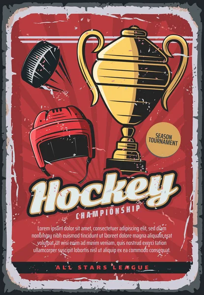 Deportes de hockey sobre hielo, casco, disco y copa de trofeo — Vector de stock