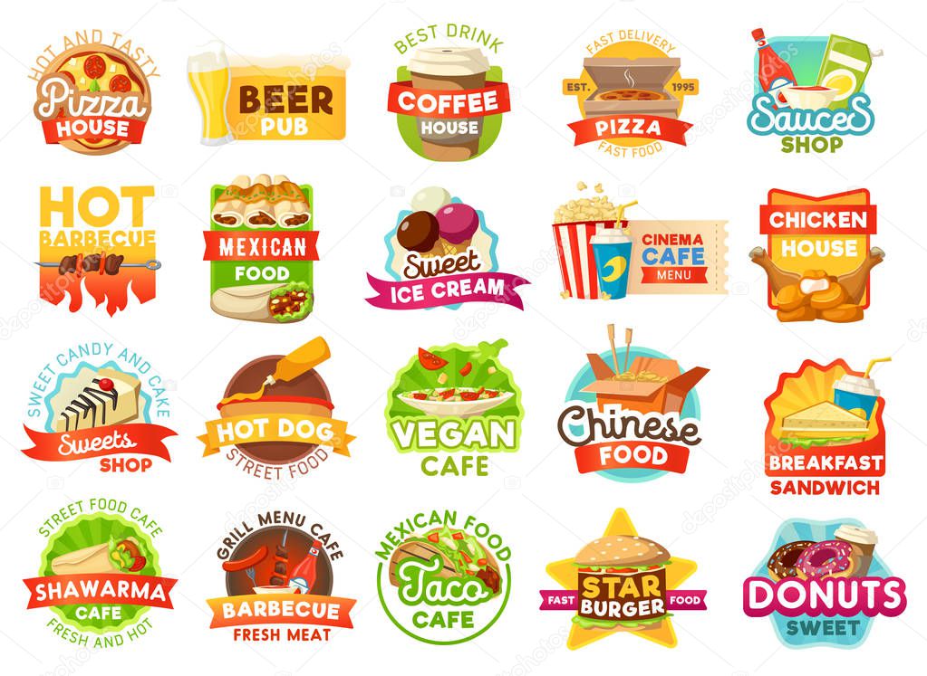 Fast food vector icons and signs. Pizza house and beer pub, coffee and sauce shop, barbecue and mexican cuisine, ice cream and cinema cafe, chicken and sweets, hot dog and Chinese noodle