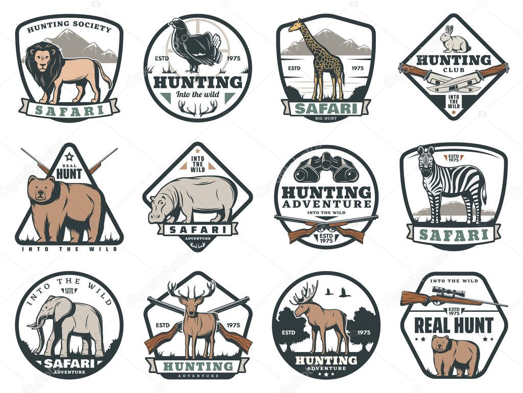 Safari adventure and hunting sport icons, animals and ammunition. Lion and blackcock, giraffe and hare, bear and rhino, zebra and elephant, deer and moose. Cartridge belt and crossbow, rifle and knife