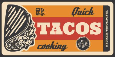 Tacos Meksika fastfood menü, retro vektör poster