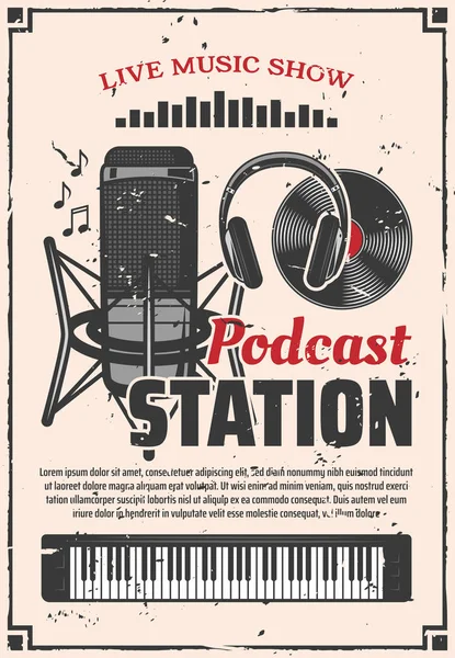 Radio programa de música estación de podcast, vector retro — Archivo Imágenes Vectoriales