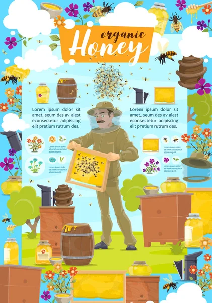 Beekeeping, organic honey product and hives — Stock Vector