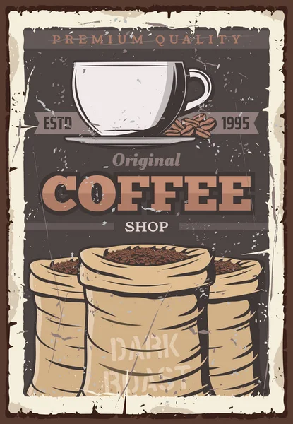Taza de café y frijoles en bolsa, cartel vector vintage — Vector de stock