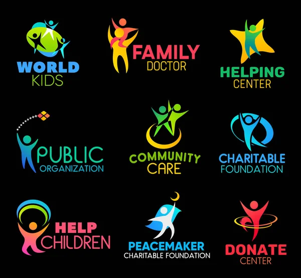 Charity foundation icons with peoples and hands — Stock Vector
