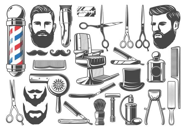 Cabeleireiro de barbearia e ícones de equipamentos de barbear —  Vetores de Stock