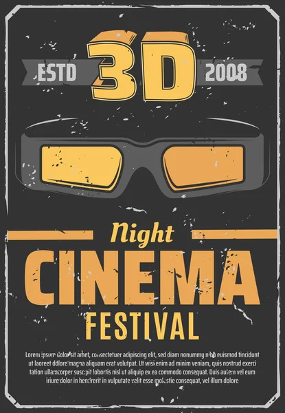 Cinema 3D filme noite festival retro cartaz — Vetor de Stock