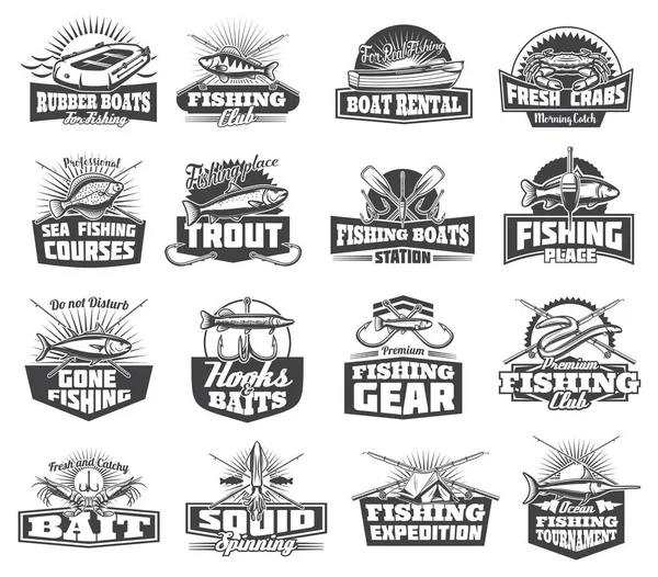 Fishing club, fisher lures and tackles icons — Stock Illustration Fishing club, fisher lures and tackles icons Vector Graphics