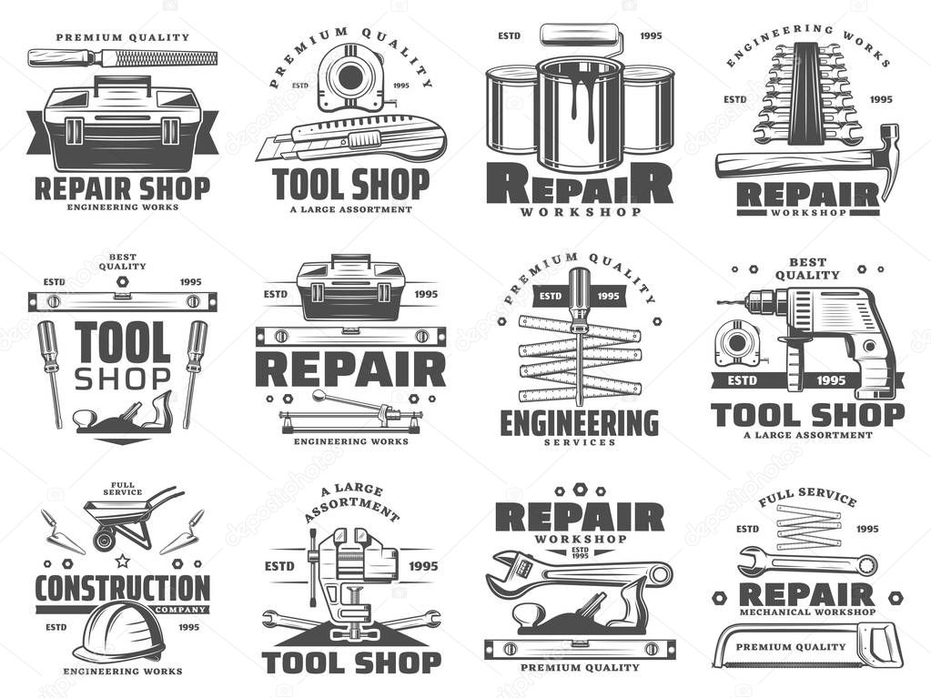Construction, repair, service and handyman work tool shop icons. Vector symbols of carpentry hammer, woodwork plane grinder and painting brush, drill and wrench or spanner, saw and wheelbarrow