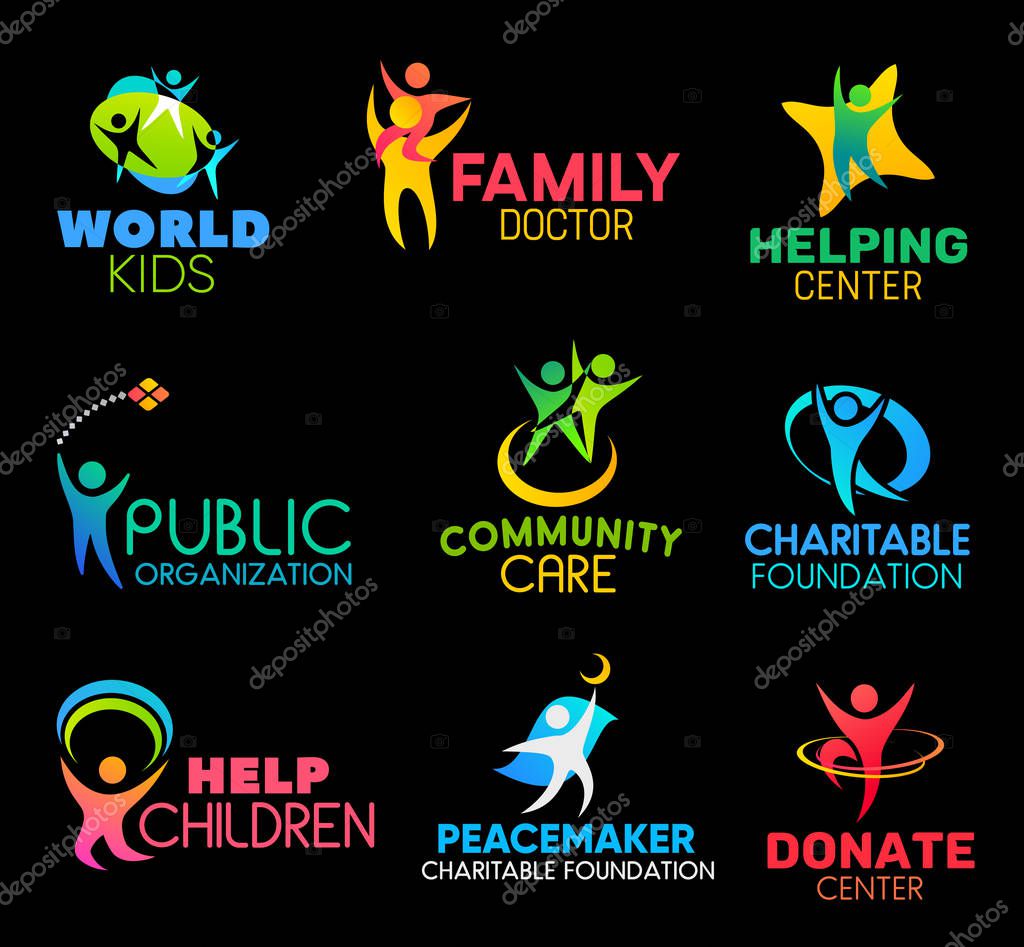 Charity and social support organization icons. Family health doctor and children helping center, community, public support charitable foundation or donation center vector symbols