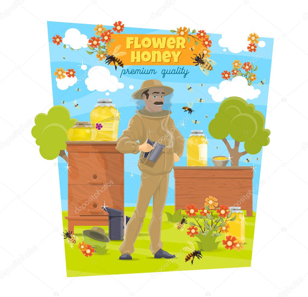 Beekeeping, honey, beekeeper at beehives