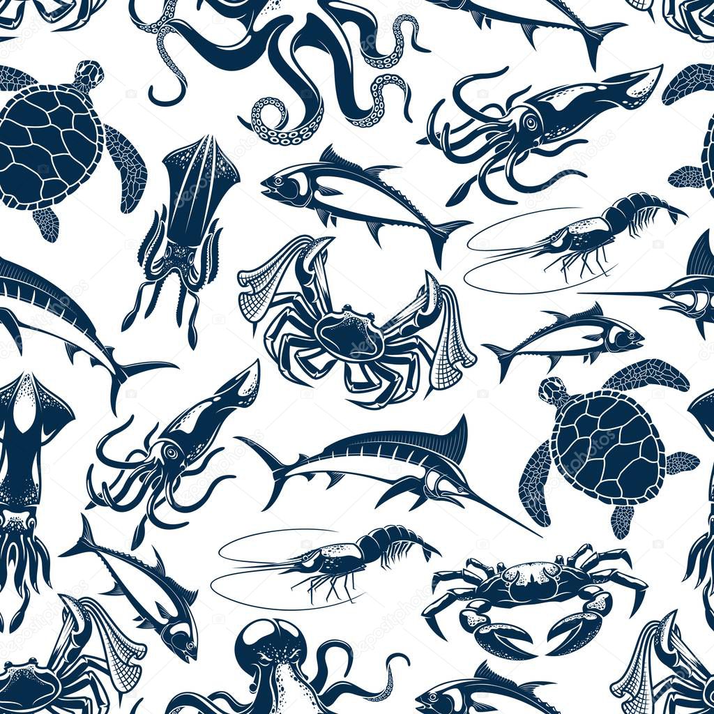 Fish, sea animals and seafood seamless pattern