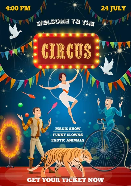 Equilibrio acróbata del circo, espectáculo domador animales — Archivo Imágenes Vectoriales