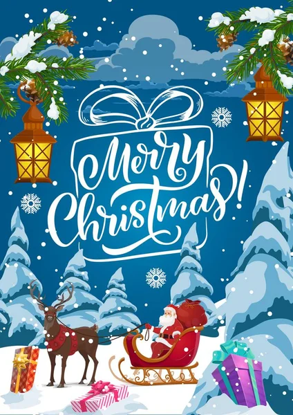 圣诞雪橇与圣诞老人, 圣诞礼物和鹿 — 图库矢量图片