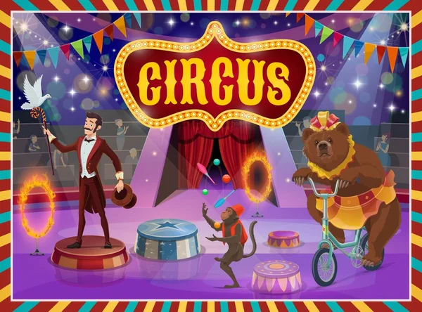 Gran espectáculo de circo superior mago, rendimiento de los animales — Vector de stock