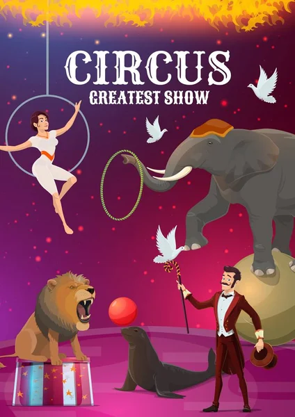 Big top circus, acrobat en goochelaar, dier — Stockvector