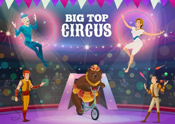 Cirkuszi akrobaták, zsonglőr és állatok aréna — Stock Vector
