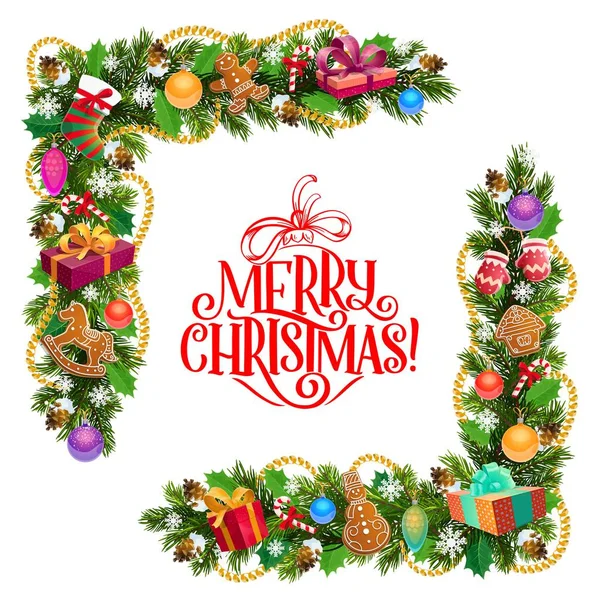 Різдвяна рамка з сосновим деревом та подарунками — стоковий вектор