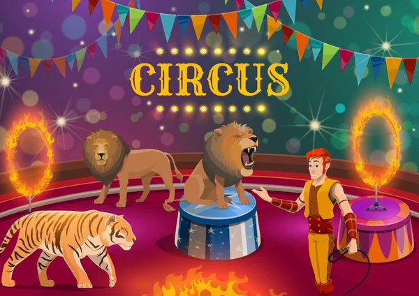 Lew i Tygrys pogromca, wykonywanie w cyrku arena — Wektor stockowy