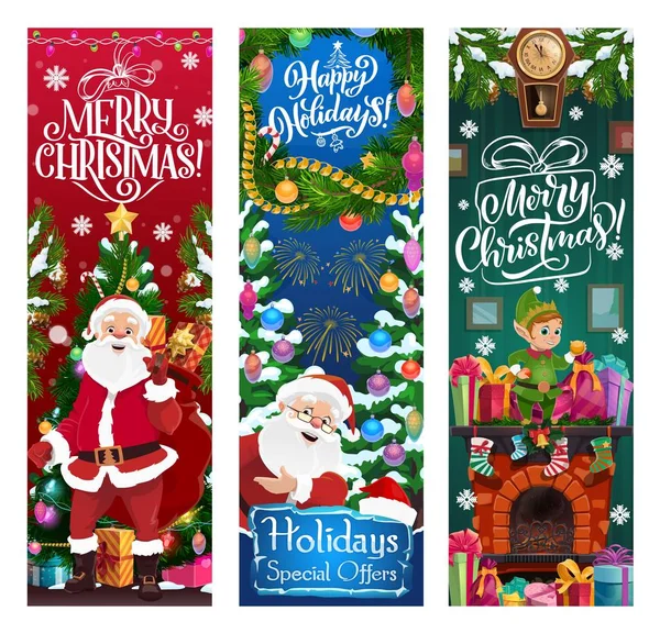 Santa, elfo y regalos. Venta de Navidad vector oferta — Vector de stock