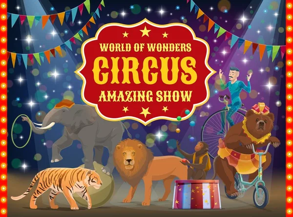 Getrainde dieren en acrobat, circus spektakel — Stockvector