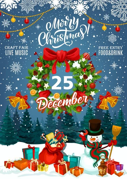Karácsonyi vásár meghívás, ajándékok és a hóember — Stock Vector