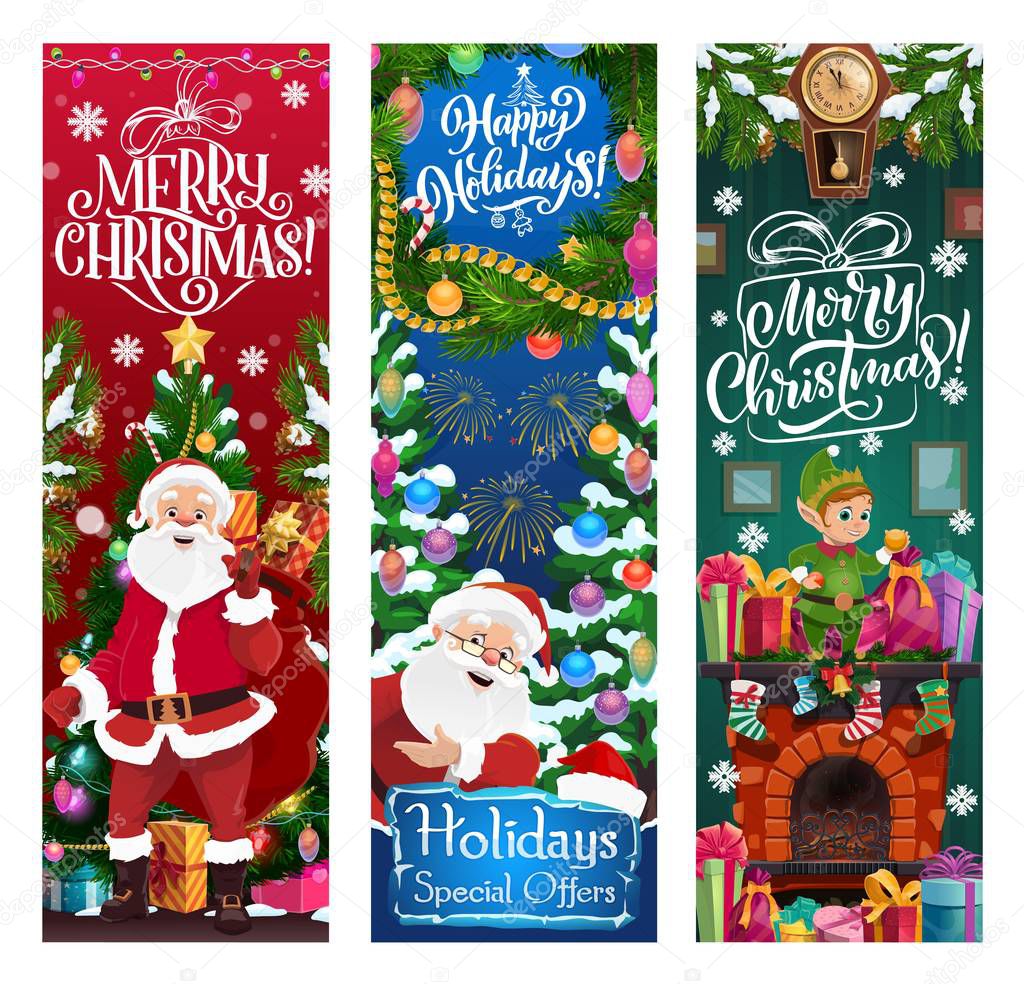 Santa, elf and gifts. Christmas sale vector offer