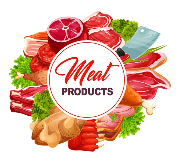 Κρεοπωλείο πλαίσιο τροφίμων με προϊόντα κρέατος — Διανυσματικό Αρχείο
