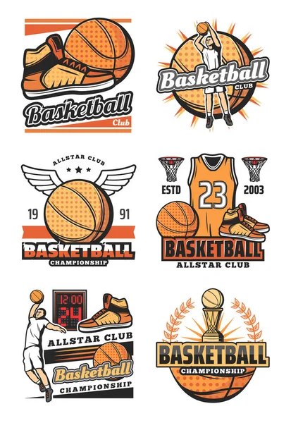 Championnat, coupe et ballon sur les icônes du basket — Image vectorielle