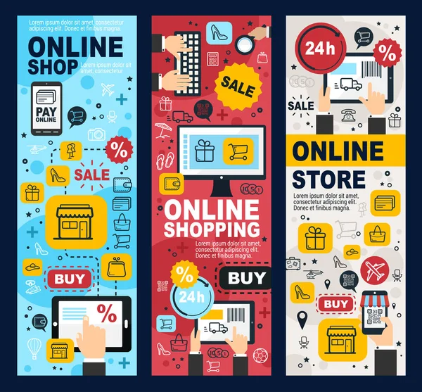 Compras online e pagamento de banners lineares — Vetor de Stock