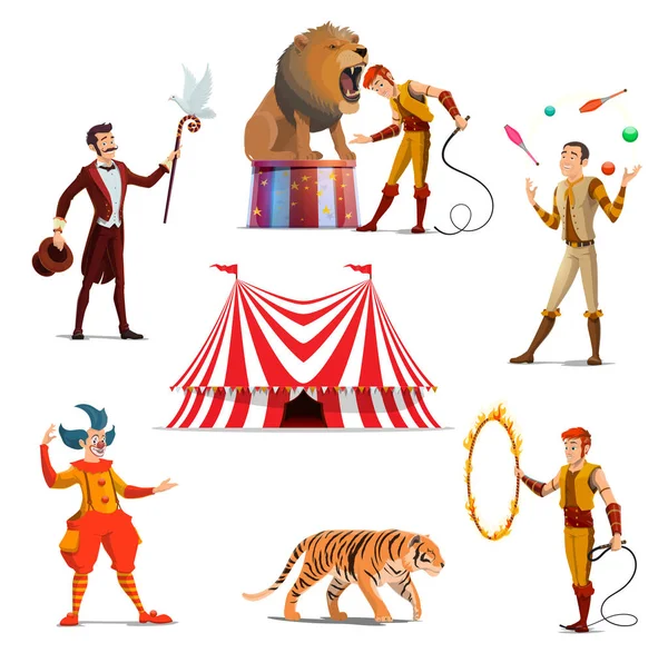 Cirque grande tente, entraîneur, magicien, clown, jongleur — Image vectorielle