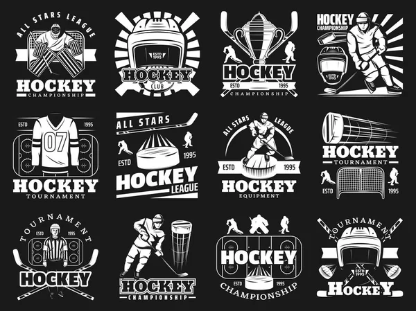 Hielo hockey deporte iconos monocromáticos, vector — Vector de stock