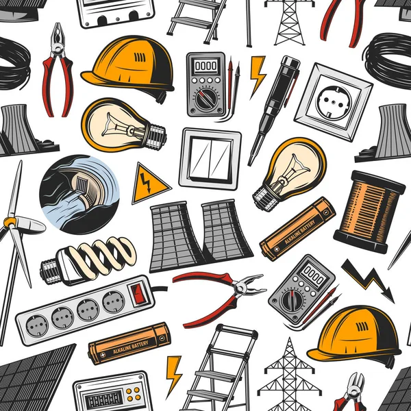 Elektrische gereedschappen en elektriciteitscentrale naadloze patroon — Stockvector