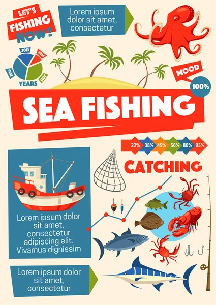 Pêche en mer sport, bateau et information — Image vectorielle