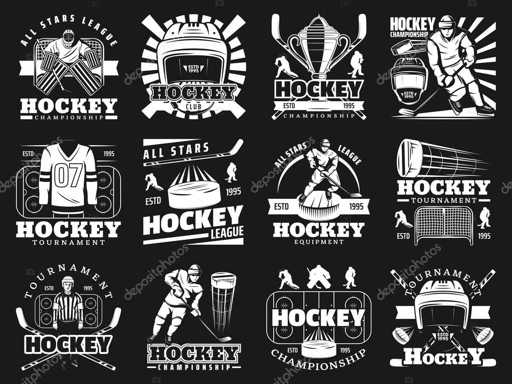Ice hockey icons with players and sport items. Helmet and stick, puck and shirt with number, trophy cup and referee, gates and sportsman on skates. Team game tournament, championship symbols