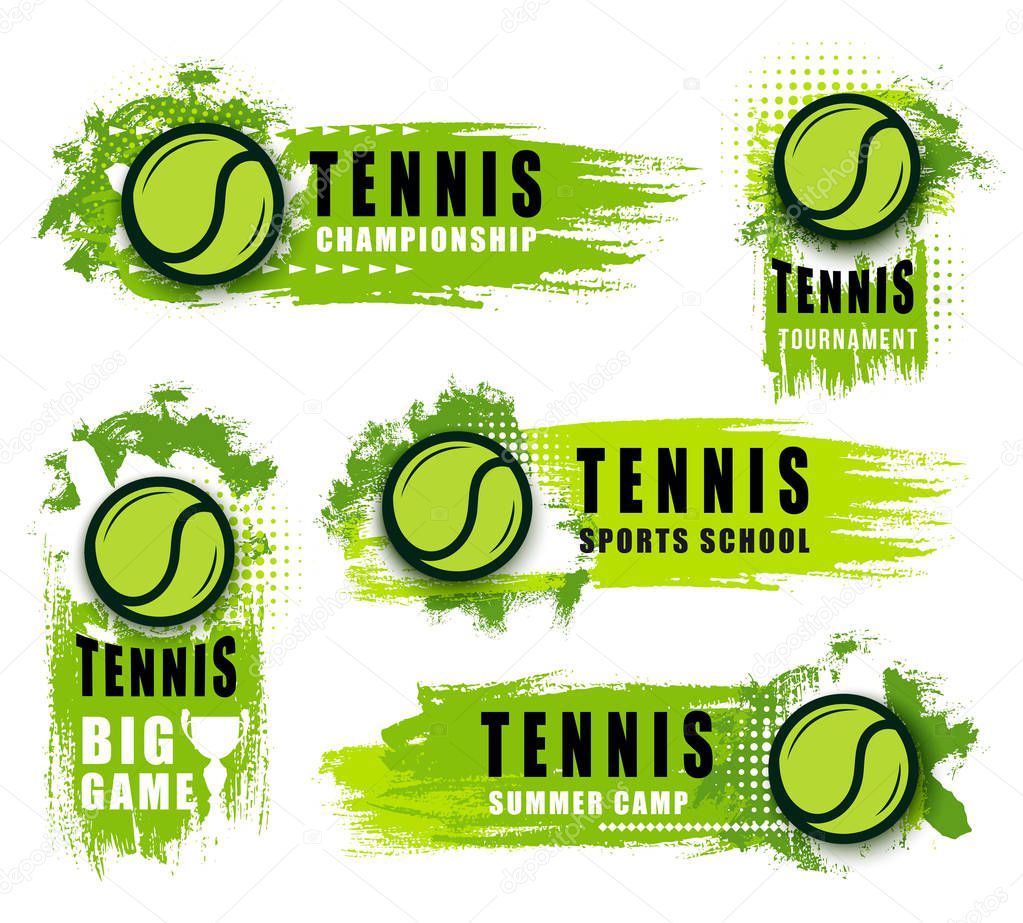 Tennis sport club or championship game vector icons. Vector isolated labels and badges of flying green ball and blobs. Sporting items on tournament announcement, tennis school