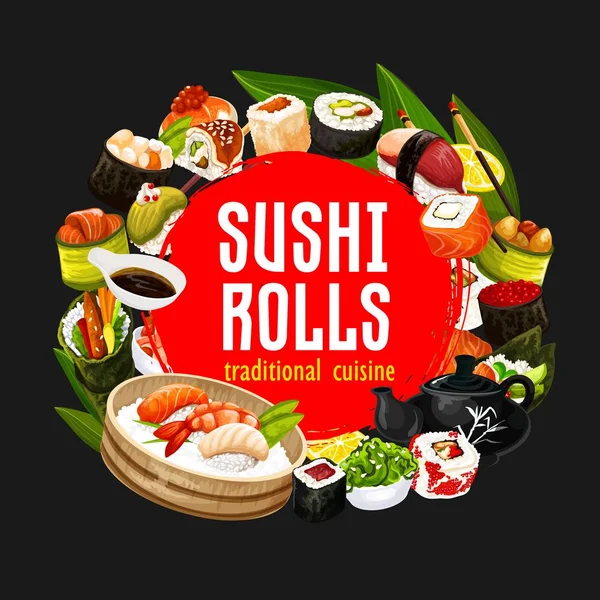 Sushi y rollos, vector cocina japonesa mariscos — Vector de stock