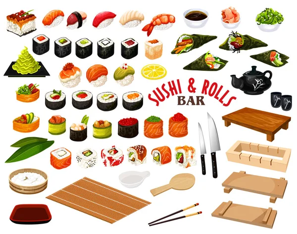 Cozinha japonesa de sushi e rolls bar vector — Vetor de Stock