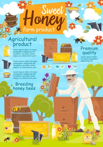 Apicultor em cartaz de apadrinha com fazenda de apicultura —  Vetores de Stock