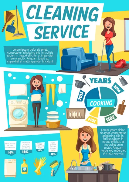 Υπηρεσία καθαρισμού, γυναίκα και τις μικροδουλειές του σπιτιού — Διανυσματικό Αρχείο