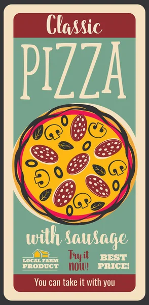 Sosis, vektör retro poster pizza — Stok Vektör