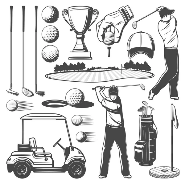 Golf sportieve items, speler zwart-wit pictogrammen — Stockvector