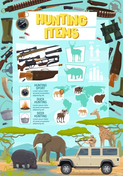 Jagd auf Sportartikel Poster mit Waffe und Tieren — Stockvektor