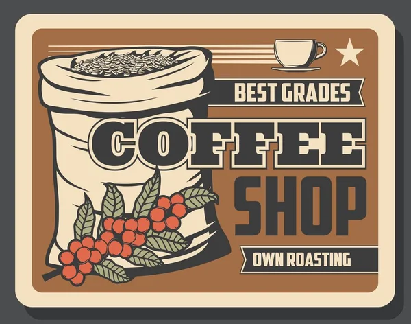 Bannière rétro café avec haricots en sac et tasse — Image vectorielle