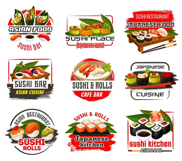 Sushi bar o cafetería y restaurante de iconos de Japón — Vector de stock