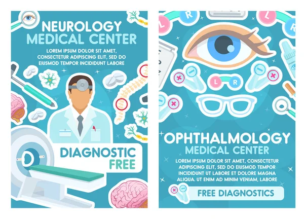 Neurologia e oftalmologia médicos cartaz médico —  Vetores de Stock