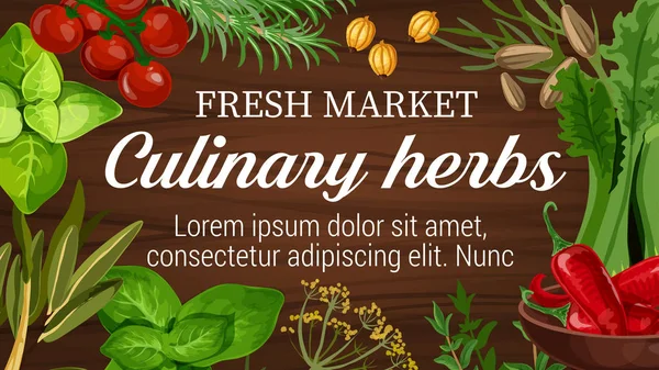 Ervas Para Culinária Banner Mercado Com Temperos Para Vestir Tomates — Vetor de Stock