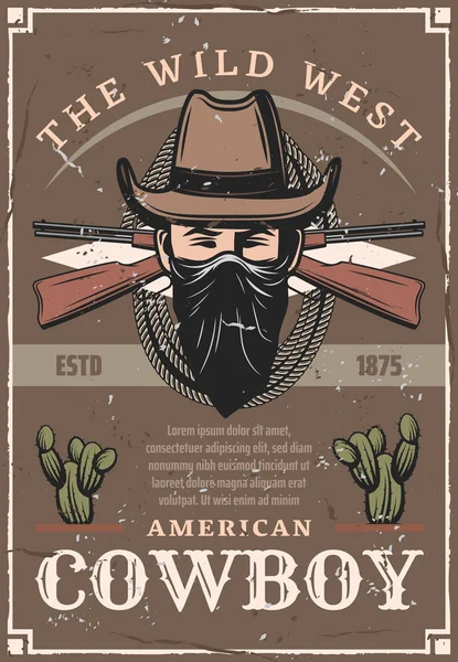 Cowboy in de hoed van het Amerikaanse wilde westen retro affiche — Stockvector