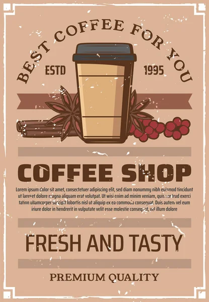 Coffee shop retro poster, paper cup and spices — Stock Vector