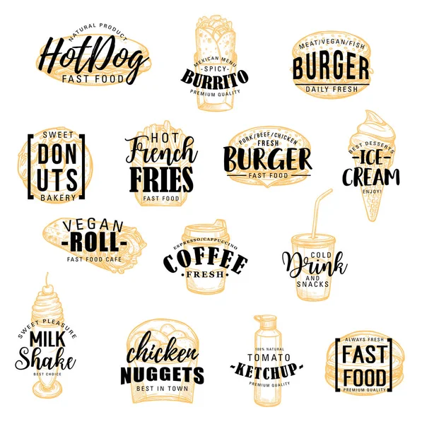 Straat fast food maaltijden schets iconen met belettering — Stockvector