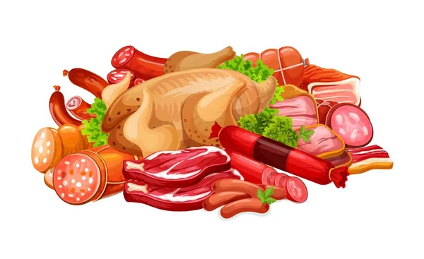 Λουκάνικα με κρέας και πουλερικά σε σωρό — Διανυσματικό Αρχείο